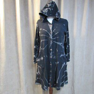 Sacred Threads 100% Soft Cotton Black/Gray Tie-dye Hooded Buttoned Long Cardigan